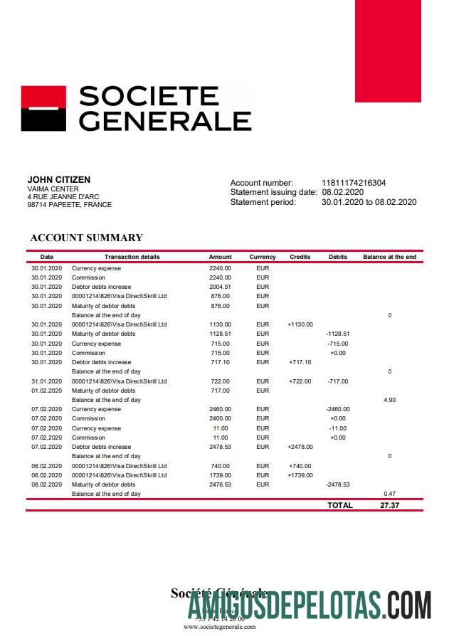 Modelo de extrato bancário da Societe Generale da França